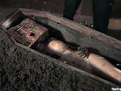 Nothing scare a shit off then the stories about coffins, graves and stuff like that. So it is well used among BDSM lovers and this petite sirens is being buried alive.