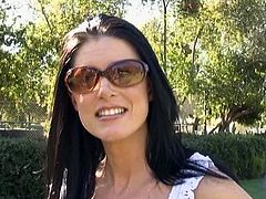 Sexy brunette India Summer shows her amazing cock-sucking skills to some man. Then she lets him drive his prick in her coochie and they bang in side-by-side position.