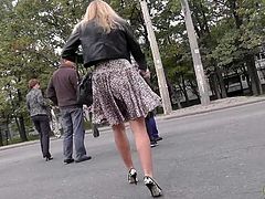 Blonde gets filmed by dirty voyeur in hope of a naughty pic of her panties