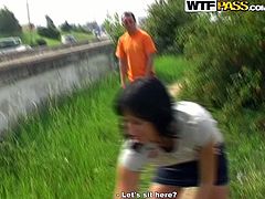 Two kinky dudes spy upon a brunette hussy who walks her lovely dog outdoors in order to lure her to bed for a group sex orgy.
