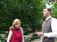 Hot tempered blond milf picks up sextractive dude at the street. She shows him her baggy tits before he lures her home for a wild fuck.
