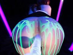 Glamorous Japanese hottie has her ass covered in glow in the dark cream and then has it played with and penetrated.