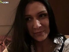 This hot brunette Elizabeth was picked up by a handsome guy in a restaurant so they went immediately to the toiled to have some good sex where she shower her amazing looks and did a blowjob.
