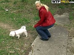 Salty Russian milf shows off her nipples while walking a dog