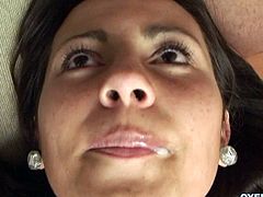 Jessica Vasquez is looking for a meaty cock to please her. Watch this horny brunette get pussy drilled over and over in the couch till this guy cums on her mouth.