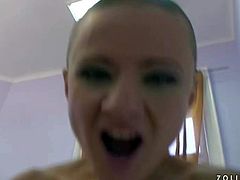 Sinead is a sex addict with shaved head and bald pussy. She gets her hairless wet snatch banged by hard dick right in front of the camera. Watch hot Sinead get fucked good and hard.