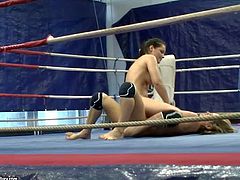 Young attractive babes Aleska Diamond and Lana S with natural boobs and sexy bodies in booty shorts have fun with fighting in the ring and wrestling on floor for some cash