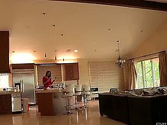 Manuel Ferrara just moved in with his hot busty girlfriend Chanel Preston and he is learning that she does the dishes in topless. He cannot resist her and he has to play with her booty and slit.
