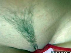 Naughty provocative teen brunette Peaches with pretty face in short denim skirt and red undies reveals her natural boobs and delicious ass while teasing in softcore action filmed in close up