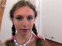 Jill may look as an innocent teenie, but she loves making it nasty. After stripping down she got tied up and will suck some cock!
