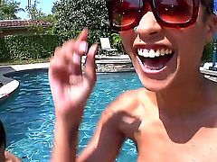Fantastic babe Skin Diamond swims in the pool with hard-on guy, who thinks only about fucking her hard in the mouth. And he finally does it in the end of this cool video clip.