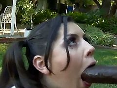 Amber Sky participates in making the fantastic outdoor scene where she gets her mouth fucked by incredibly big and black poker. Then she bends over and gets nice fuck.