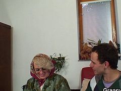 Making a prank call, this granny made her son's pal came to her place. In no time she's down sucking the guy's already hard cock. Making it more stiff with her mouth then have it balls deep in her muff.