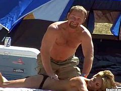 Arousing smoking hot blonde milf with long whorish nails and natural hooters in black underwear gets seduced by tanned mature fucker and takes on his meaty stiff pecker in tent