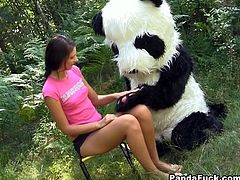 Naughty teen gets dirty with kinky panda bear. He flirts with her, she gets naked and ends up sucking his huge rubber cock.