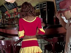 Katia D Lys is one flirty sexy waitress from Cuba. Sexy dressed leggy tan skin brunette flashes her panties and turns guys on at a bar. She finds herself getting used by three guys and loves.