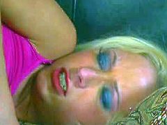 Petite lusty blonde slut Hillary Scott with cheep heavy make up in summer dress gives deep throat to horny stud and gets her ass fucked hard in doggy style position