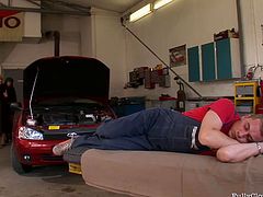 Tainster sex clip presents a really hot and sexy blondie. This slutty chick with sweet tits wanna get her car repaid as soon as possible. Horny brunette is the lazy and voracious mechanic, who's got nothing against threesome. Two chicks and one spoiled dudes are ready for a tough doggy.
