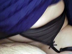 She is fashionable redhead mom with beautiful face and killer body. She gives outstanding blowjob in POV and then she hops her delicious booty on a hard stick frantically.