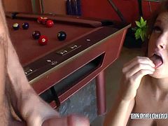 Watch the intense and alluring coed redhead Faye Reagan as she gets banged on the pool table before she and her man move the fuck session to the couch.