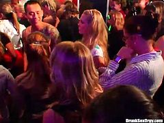 Join this crazy party which is full of slutty hoes. Sexy girls are dancing on a dance floor having fun. One of the girls kneels down taking massive dick in her mouth right on dance floor.