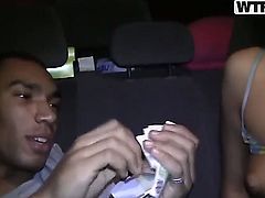 Naughty guys seduced young hot girl Mancy to please them with naughty blowjob and passionate fuck in their car and paid her money.