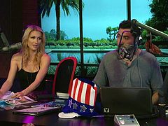 Three sexy porn stars have come to the morning show studio to celebrate the Fourth of July. There are hot wieners with mustard and ketchup. The adult film stars are interviewed about patriotism and one plays with a hula hoop.