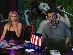 Three sexy porn stars have come to the morning show studio to celebrate the Fourth of July. There are hot wieners with mustard and ketchup. The adult film stars are interviewed about patriotism and one plays with a hula hoop.
