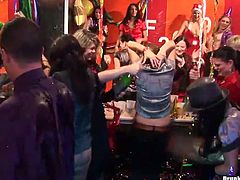 While partying hard celebrating New Year's eve, horny colleagues set a real group sex orgy where steamy bitches give head and welcome tongue fuck.