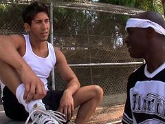 After shooting some hoops this interracial gay couple heads home to get naked and fuck. Justin Blade shoves Jack Spade X's cock into his mouth and sucks him off. They grab each other's dicks and fuck each other in the butts.