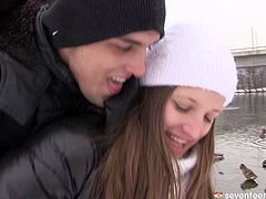 After having a romantic date outdoors in snowy weather, aroused Russian folks head home where they start making out with passion.