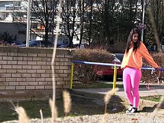 Playful brunette amateur jumps and runs outdoors before she gets home where she fully takes off her clothes to examine her naked body thoroughly in the mirror.