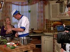 During shooting of cooking TV show, young cook hooks up with a mesmerizing mature TV host. He mauls her steamy body from behind before her pisses in a bowl, which she holds in her hand. Later she gives him a rapacious blowjob in perverse sex video by Tainster.
