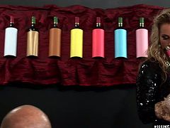 Fuckable blond milf is a sommelier who offers to degustate collection French wine to wealthy dudes. Later they pee in the glasses from which they just recently drank wine in perverse sex video by Tainster.