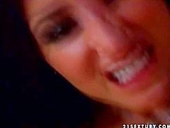 Dark haired and heavy chested pornstar Lisa Ann gets her shaved nookie banged hard in bedroom and gets caught in a good close up in a doggy pose