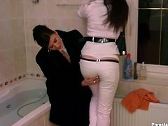 Well, these brunette haven't seen each other for a while. So curvy chicks go to the hot bathroom. Kinky nymphos in fur coats and pants don't even undress and desire to gain pleasure by rubbing each other's wet pussies. Well, dude, you'd better stop reading and just see everything with your own eyes in Tainster sex clip.