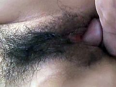 Hairy japanese fucks hard and gets huge cock stroking that tight little vag