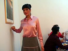 Strict looking teacher parties hard with her rapacious students before they lure her to steamy gangbang sex where she has to oral fuck them in turns while getting pounded from behind.