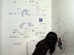 This straight haired brunette is just mesmerizing. Her body is slim and splendid. This bitch is in the public toilet. She forgets even to piss, cuz there's a stiff cock jutting of glory hole. Let's see how professional this hooker is in sucking a dick for sperm in Pack of Porn sex clip.