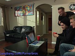 Gorgeous brunette finds herself alone with a group of horny guys ready to make her cum. They punish her, fuck her hard at the same time DP style, fuck jer mouth and what not!