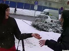 Well, these gals are bored. So slim brunettes in jeans and black jackets desire to have fun. Kinky chicks with flushing cheeks has a catfight on the snow covered ground. They giggle while smacking each other's asses, kiss passionately and will just make you jizz right here and now with Tainster sex clip.