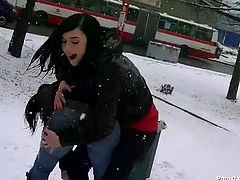 Kinky frozen gals starts fighting on the snow jamming tits and kissing