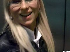 Well, this blond head in glasses is far from being modest. Too voracious for cum bitch agrees to suck the cock of a stranger at once. Kinky slim slut moves to the public toilet and demonstrates her skills in giving a solid blowjob for sperm.