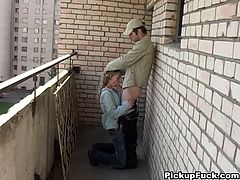 Naughty picked up teen is ready to suck out all his jizz just for nothing. He fucks her head on the balcony of some building under construction. Enjoy her deep throat for free.