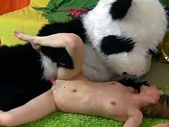 Panda bear likes stroking young babe and feeling that tight little vag get wet