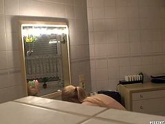 This slim blondie in short gown has already brushed her teeth. But spoiled nympho can't fall asleep till she's fed with delicious cum. So kinky gal kneels down and gives a solid blowjob right in the bathroom.