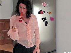 Voracious brunette wears blouse, tight office skirt, stockings and heels. Too tired nympho is at home and wanna get rid of stress. How? Slim wanker jumps onto the kitchen counter, stretches legs wide and plugs a dildo into her mature cunt to polish it properly.