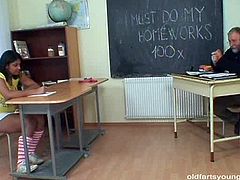 Sextractive mulatto teen stays in class for individual consultation with professor, which ends up with a steamy sex session where she gets her bald pussy tongue fucked before she gives a head to his stinky penis.