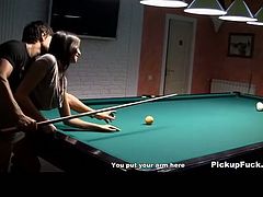 Rapacious dude teaches a curvy brunette slut in outright lingerie play pool before she oral fucks his meety cock and later gets pounded in doggy style while bending over a table.