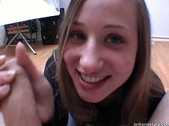 Sweet and sassy brunette Diana gives her fuck buddy a nice handjob